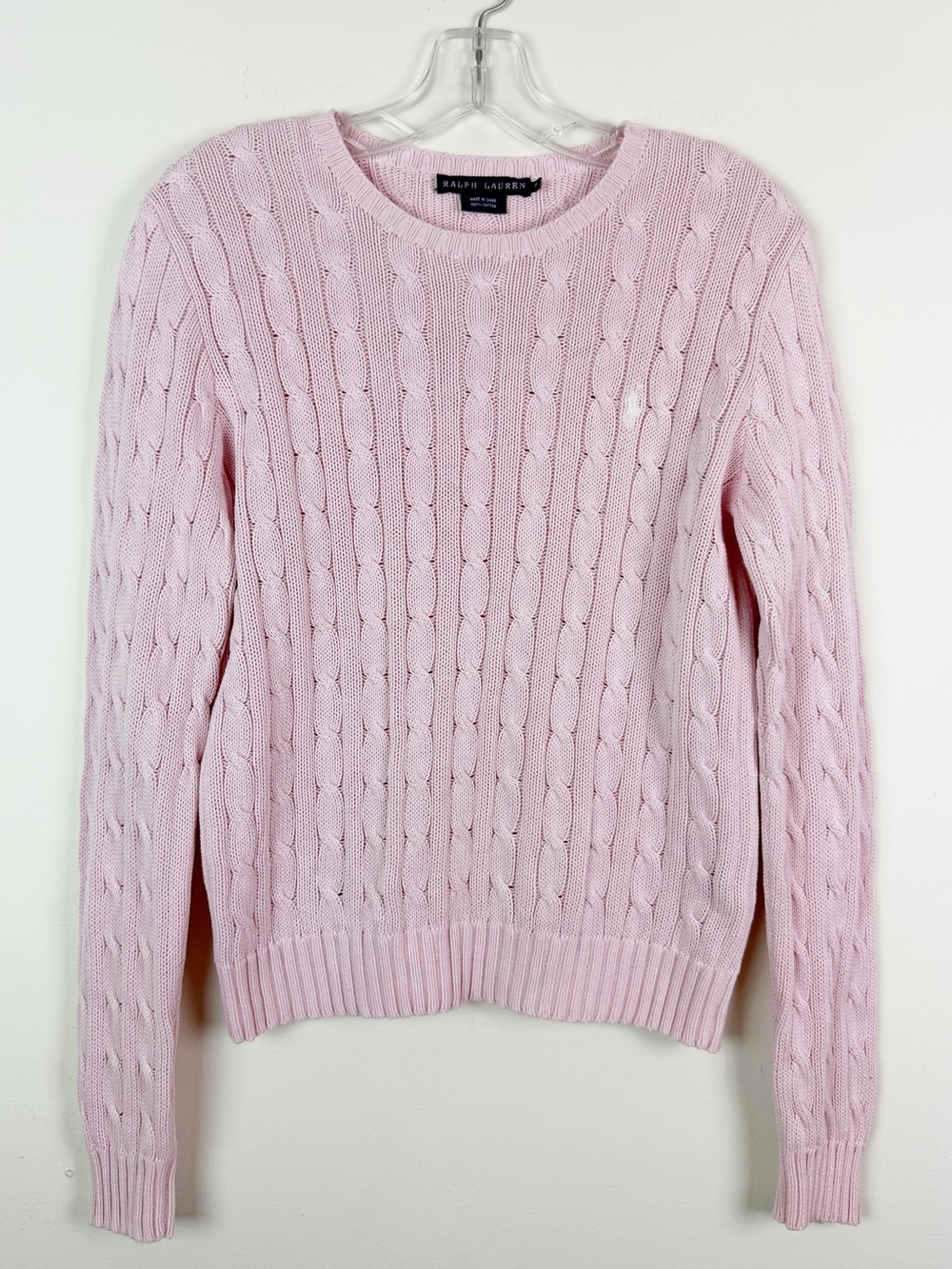 Ralph Lauren Cable-Knit Crewneck Cotton Sweater in Pale Pink Size M